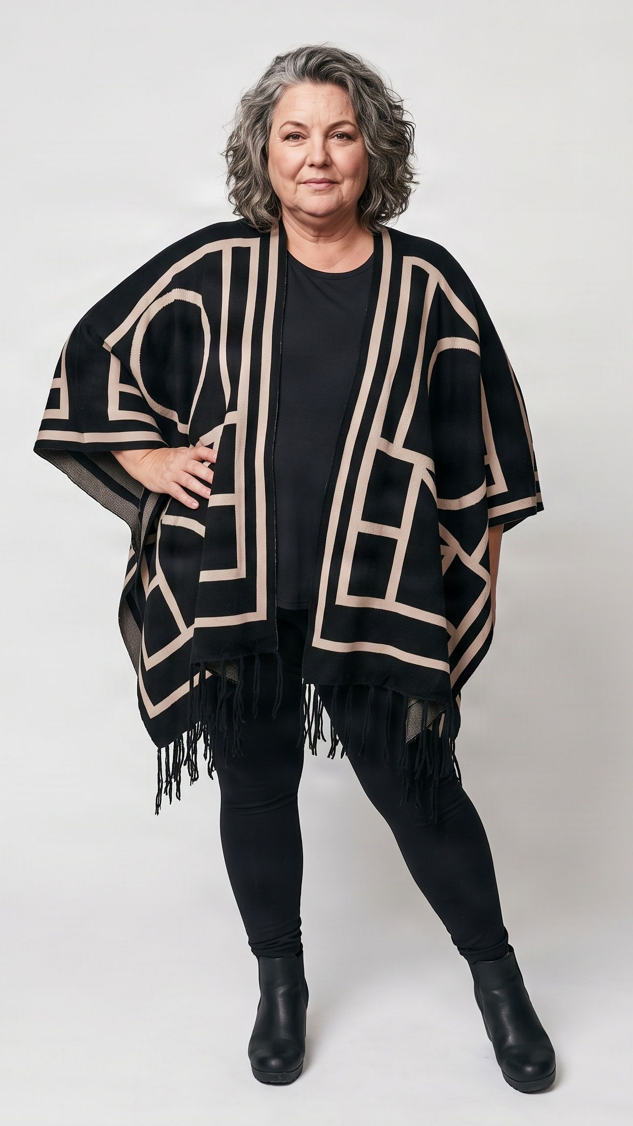 Black & Beige Geometric Tassel Wrap