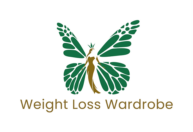 Weight Loss Wardrobe Logo: A lady with gold hair in a gold dress and a green crown on her head with green butterfly wings to signify a transformation. The business name of 'Weight Loss Wardrobe' is underneath.