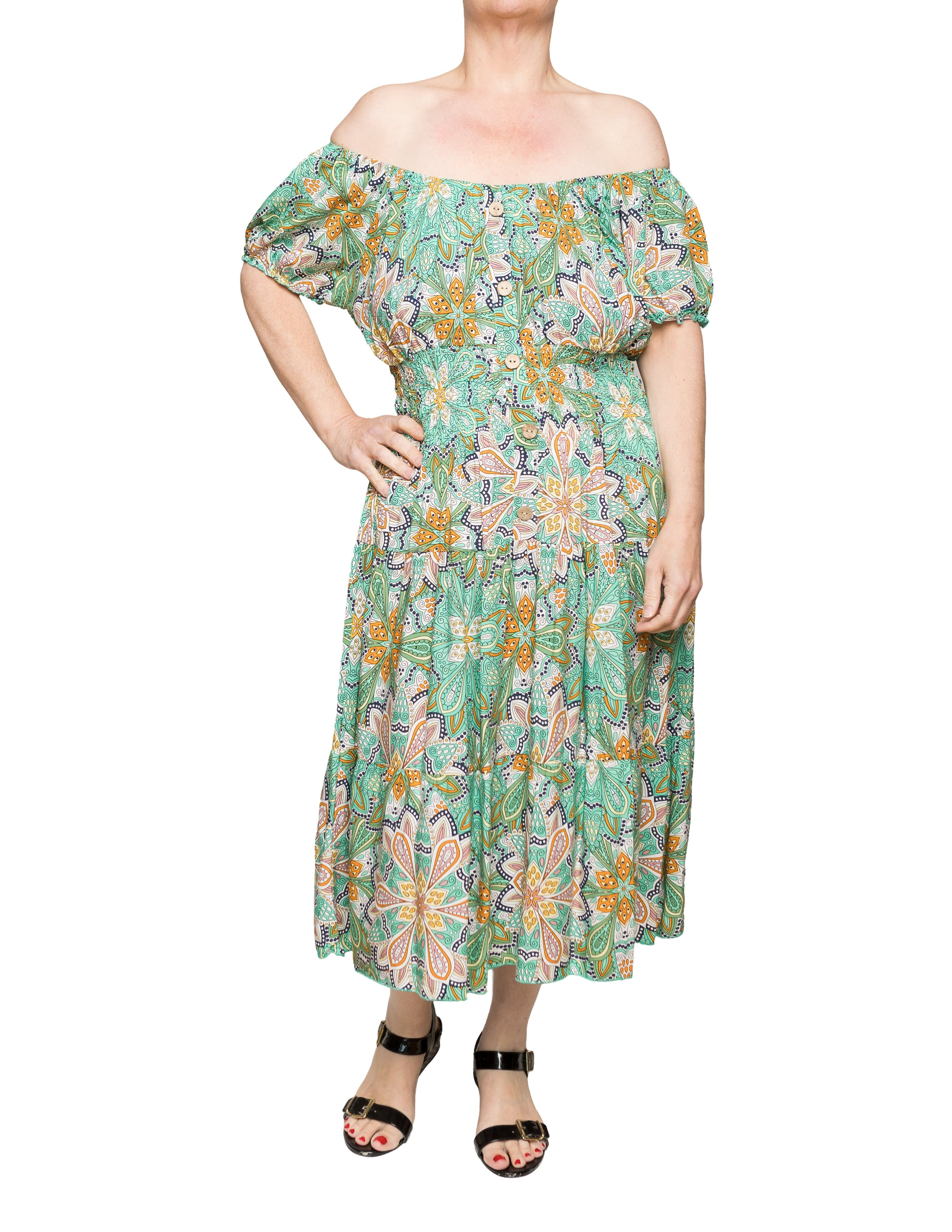 Green, Orange & Black Star Flower Midi Dress