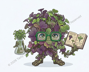 Itsy Cella Flora, a purple cartoon microgreen character with glasses reading a research book.