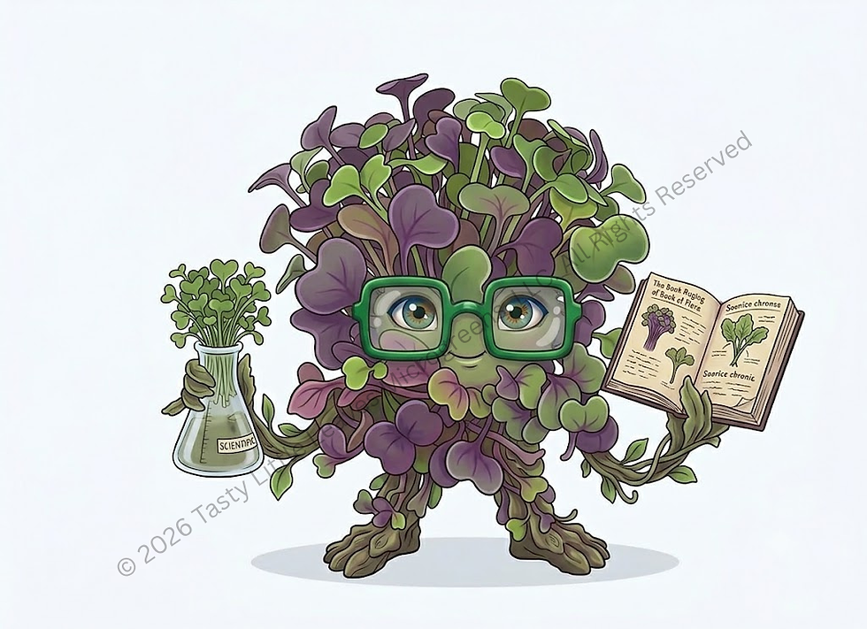 Itsy Cella Flora character wearing green glasses next to science microgreens illustrations