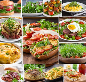 collage of different foods_ pasta, pizza, burgers, quiche, sandwiches, salads, eggs, steak