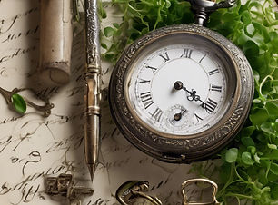 Victorian themed scrapbook with small pocket watch, calligraphy pen and microgreens.jpg