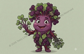 Piper Flora, cartoon character representing purple radish microgreens for the Flora Family at Tasty Little Leaves.