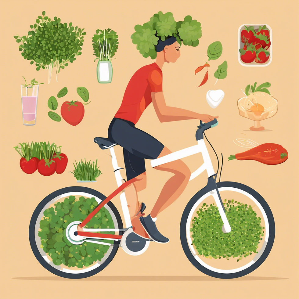 Illustration of functional food, fresh produce, and a cyclist carrying microgreens to represent food as medicine.