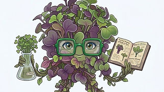 Itsy Cella Flora, a purple cartoon microgreen character with glasses reading a research book.