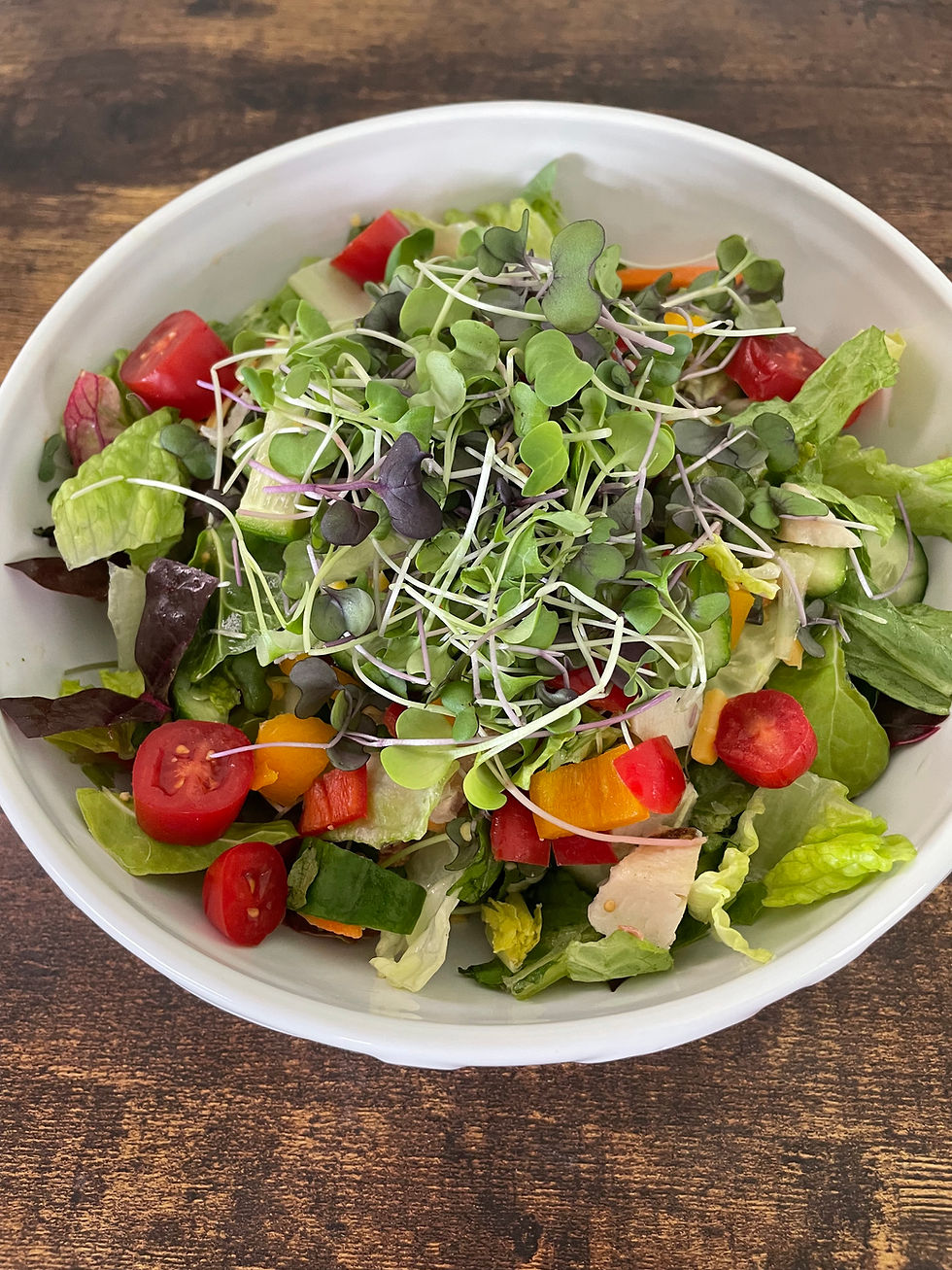Traditional side salad with chopped lettuce, cucumbers, and tomatoes, topped with a mix of microgreens