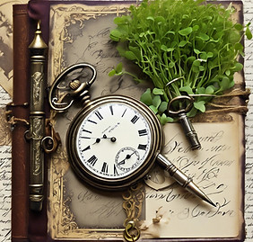 Victorian themed scrapbook with pocket watch, calligraphy pen and microgreens_edited.jpg