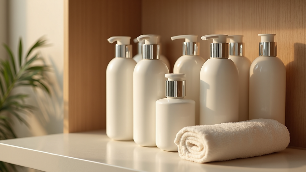 Close-up view of spa products arranged neatly on a shelf