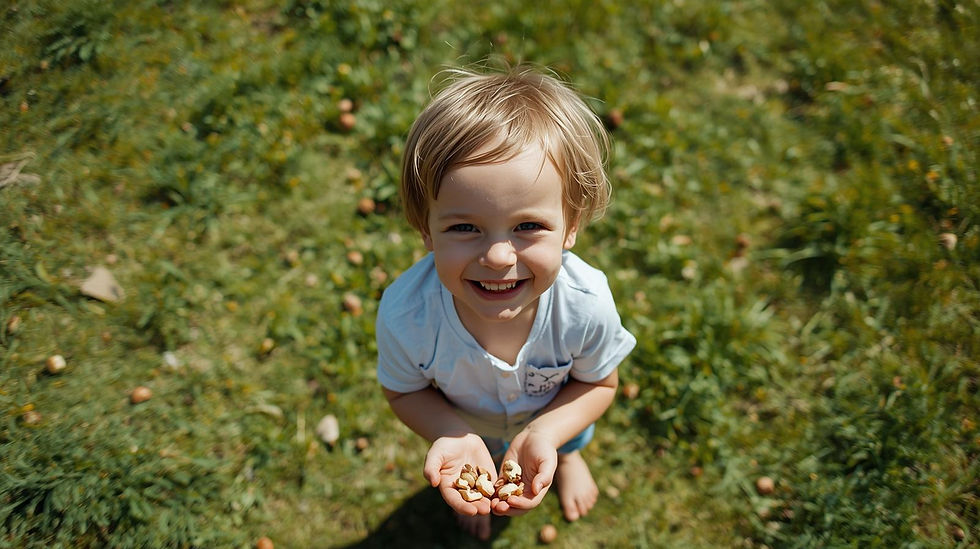bir çocuk çimler üzerinde ayakta mutlu kuruyemiş yiyor.jpg