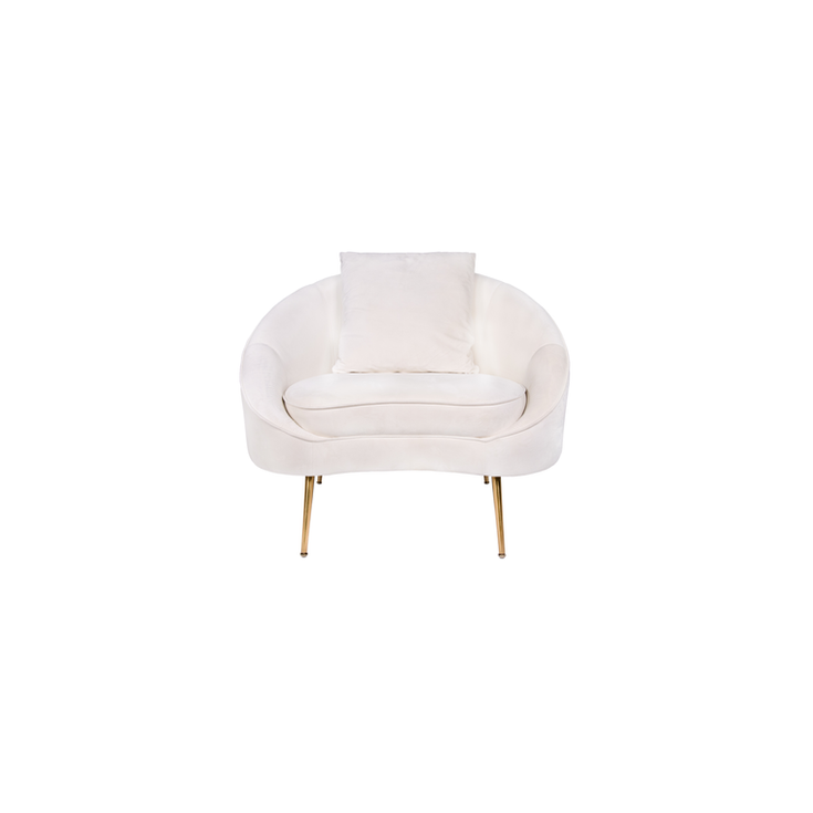 Ivory velvet lounge chair with a rounded barrel back, plush cushion, and tapered gold metal legs.