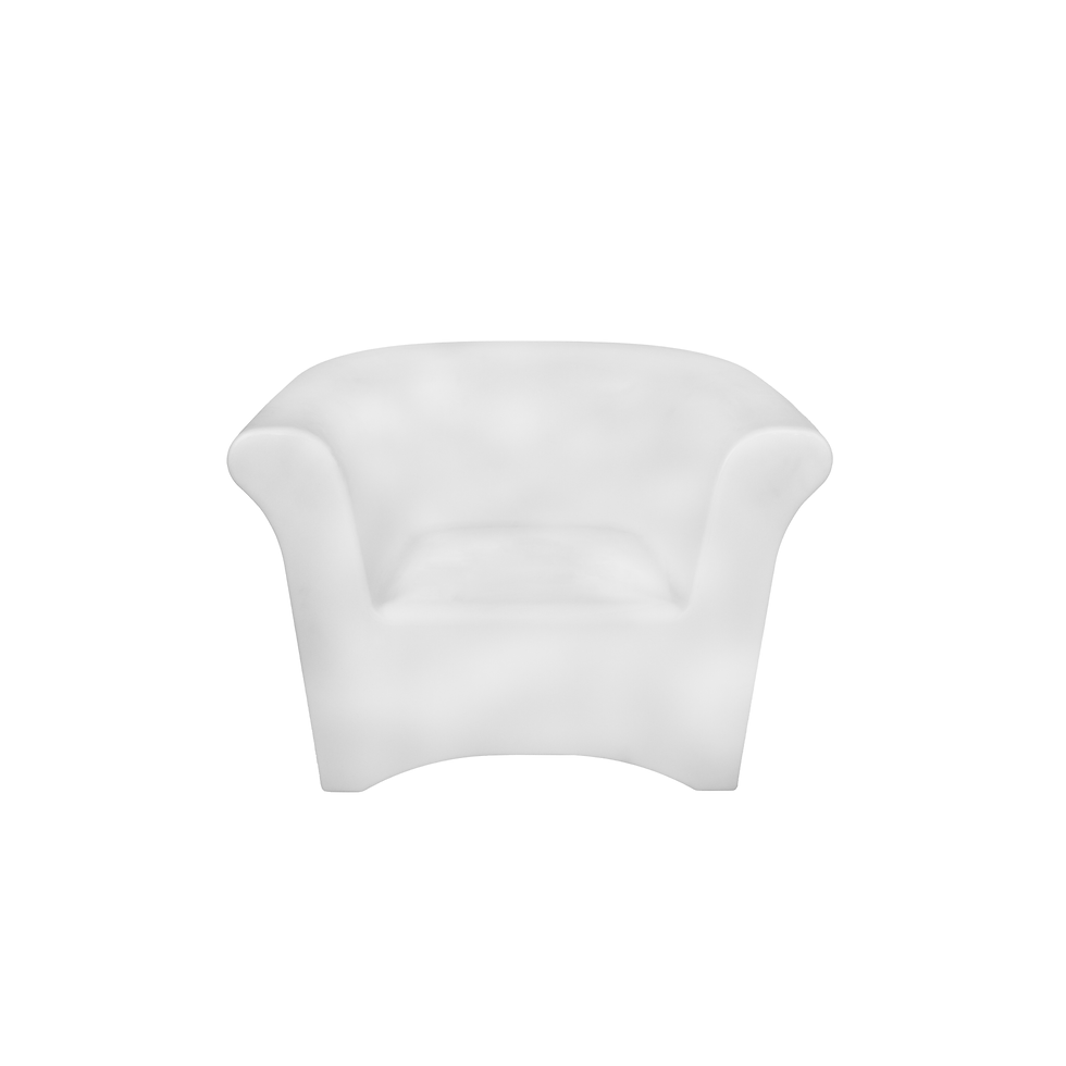 White illuminated LED lounge chair with a rounded back, curved arms, and a sleek contemporary design.