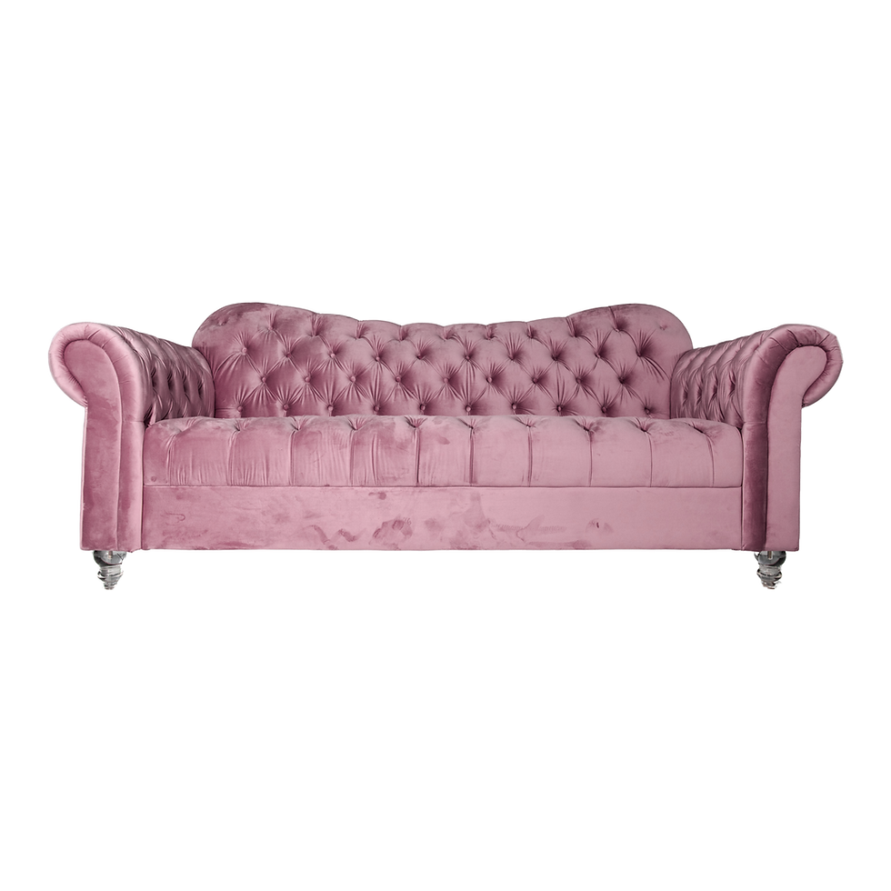 Dusty rose velvet Chesterfield sofa with deep button tufting and rolled arms for luxury event lounges.