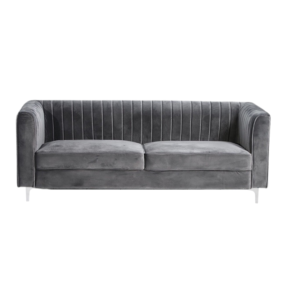 Grey velvet sofa with vertical channel tufting, curved arms, silver legs, and a contemporary silhouette.