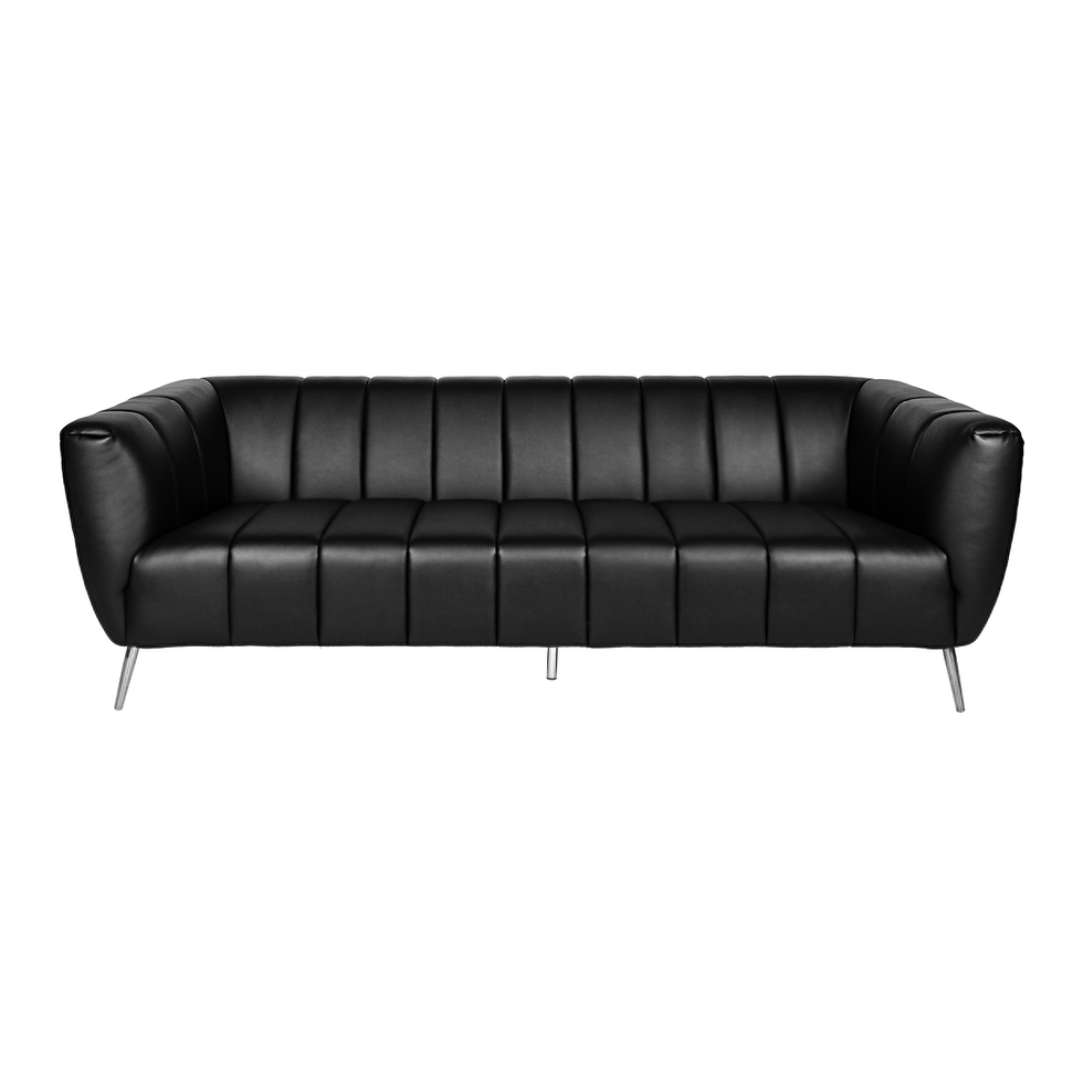 Black leather sofa with vertical channel detailing and polished metal legs for luxury event lounges.