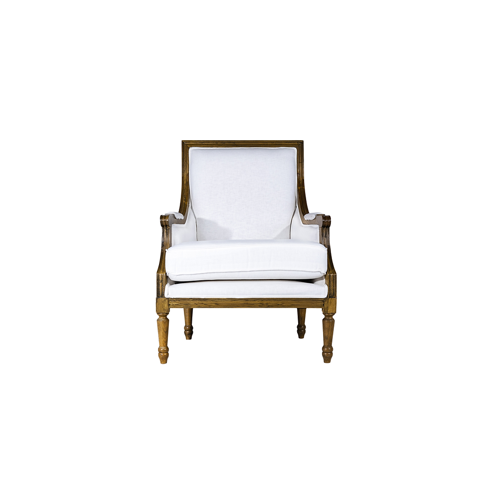 Linen accent chair with a natural wood frame, square back, upholstered cushions, and turned wood legs.