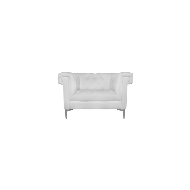 White leather tufted lounge chair with angular rolled arms and polished metal legs for elegant event lounges.