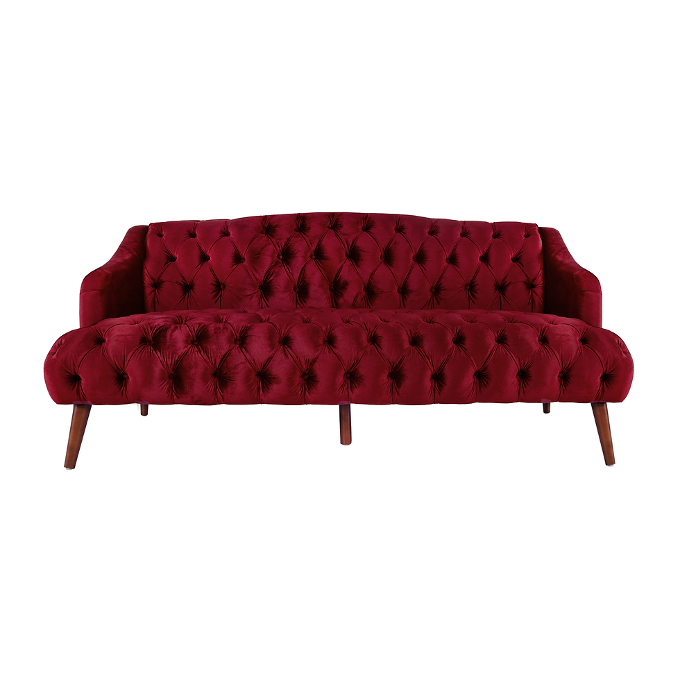 Wine velvet sofa with deep button tufting, rolled arms, tapered wood legs, and a classic Chesterfield silhouette.