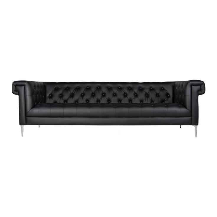 Black leather tufted sofa with angular rolled arms and polished metal legs for sophisticated event lounges.