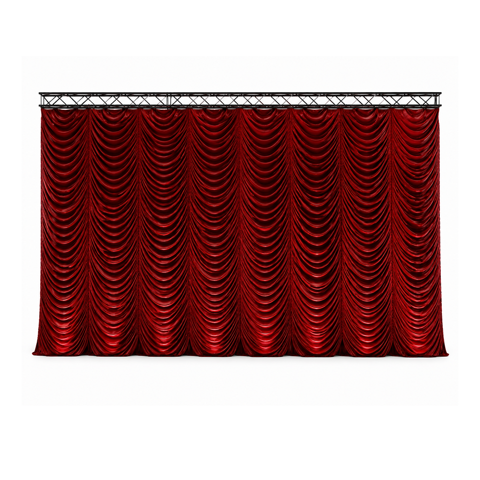 Showtime Red Theater Curtain with dramatic gathered red fabric for stages, backdrops, and themed event décor.