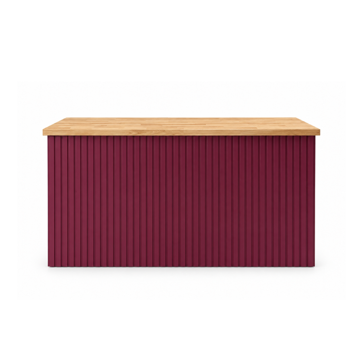 Merlot Slatted Bar with deep burgundy vertical detailing and natural wood countertop.
