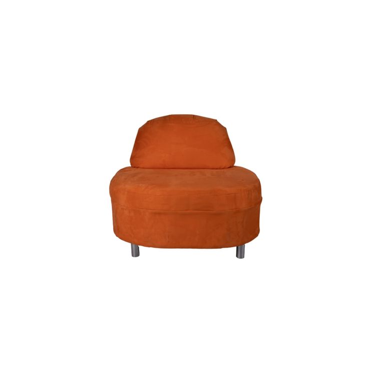 Orange velvet lounge chair with a rounded silhouette, curved backrest, plush seat, and polished chrome legs.