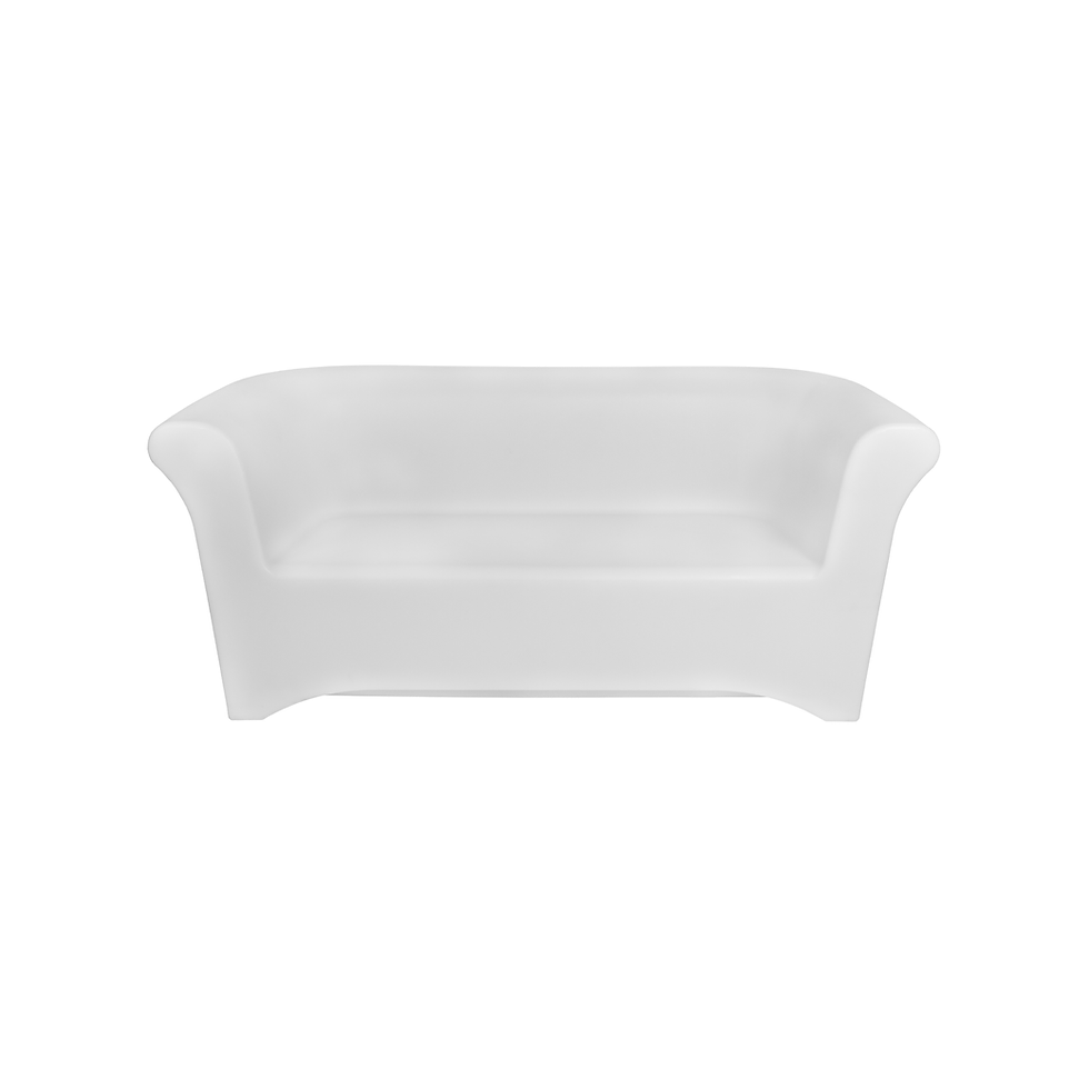 White LED sofa with a sleek curved silhouette for modern event lounges and illuminated seating areas.