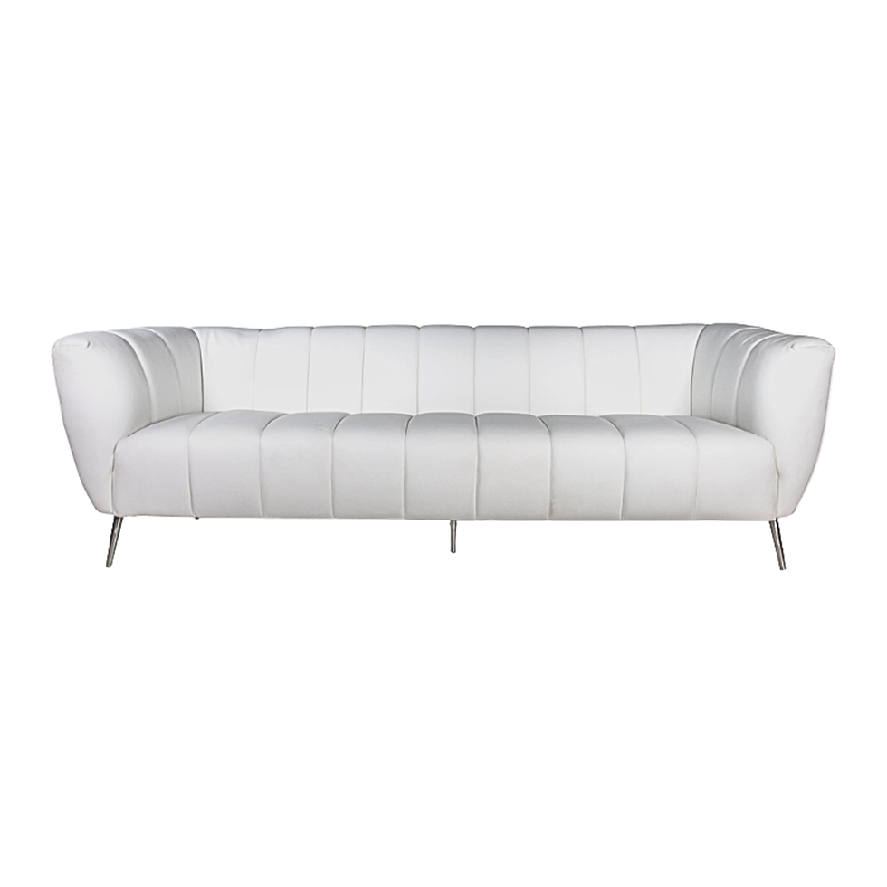 White leather sofa with vertical channel detailing, curved arms, and polished metal legs for contemporary event lounges.