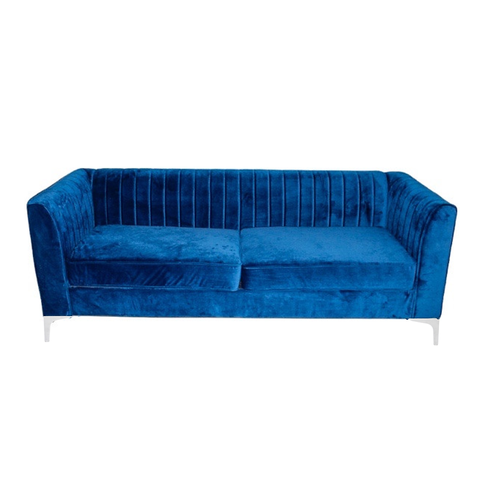 Royal blue velvet sofa with vertical channel detailing and a modern silhouette for luxury event lounges.