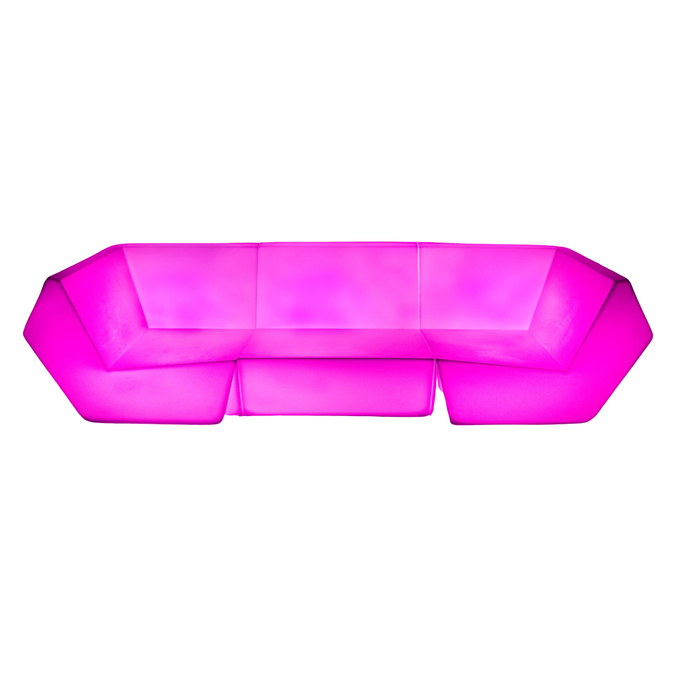 Pink illuminated modular LED sectional sofa with a contemporary angular design for mitzvahs, weddings, parties, and lounge.