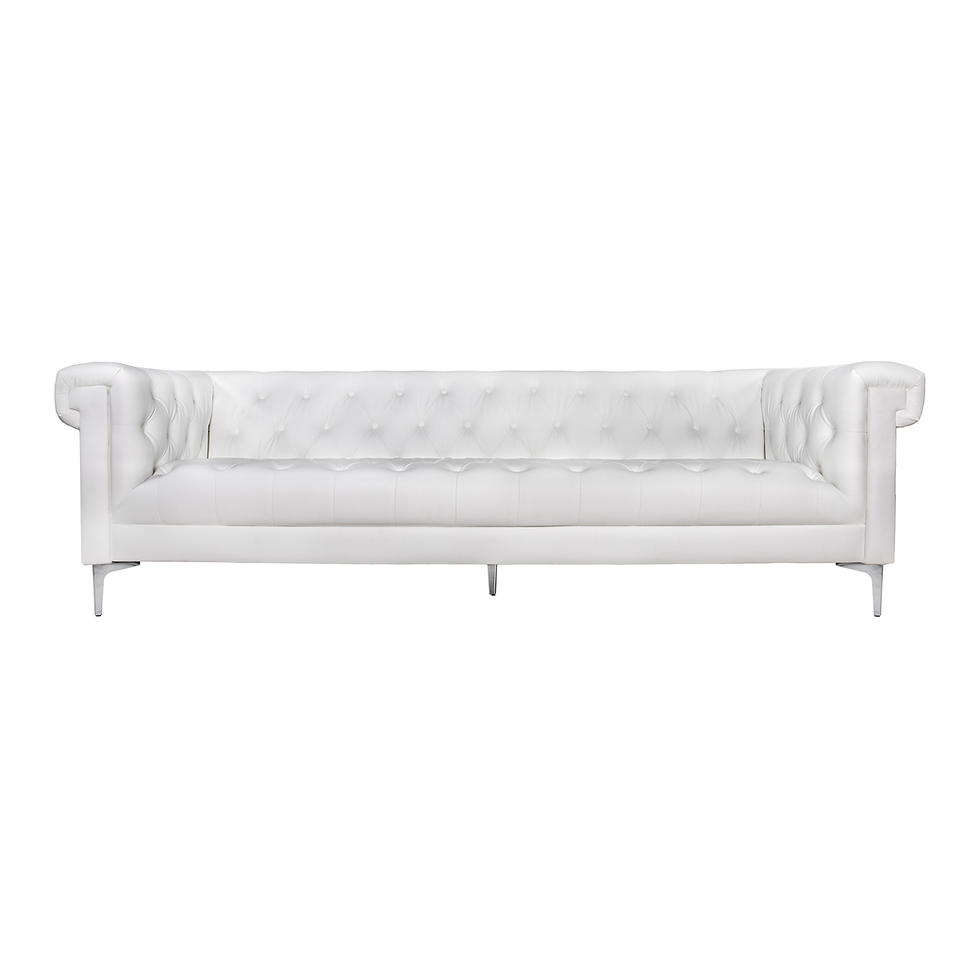 White leather tufted sofa with angular rolled arms and polished metal legs for elegant event lounges.