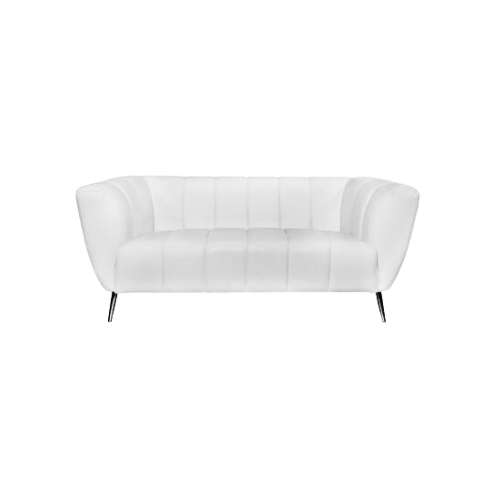 White leather loveseat with vertical channel detailing, curved arms, and polished metal legs for contemporary event lounges.