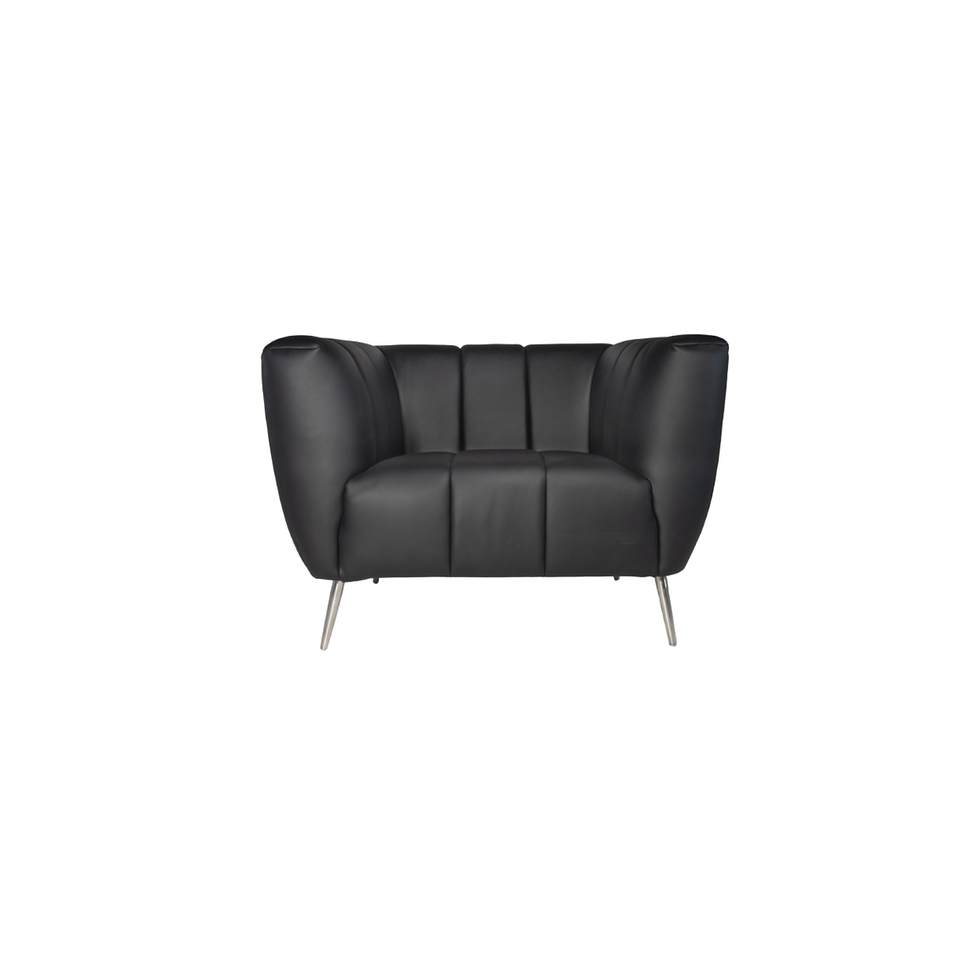 Black leather lounge chair with vertical channel detailing and polished metal legs for luxury event lounges.