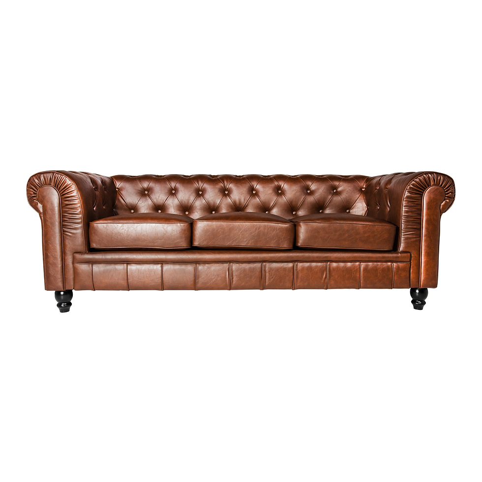 Brown tufted leather Chesterfield sofa with rolled arms and classic detailing for luxury event lounges.