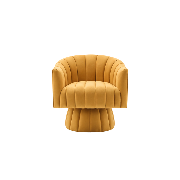Mustard velvet swivel chair with vertical channel tufting, a rounded back, and a sculptural pedestal base.
