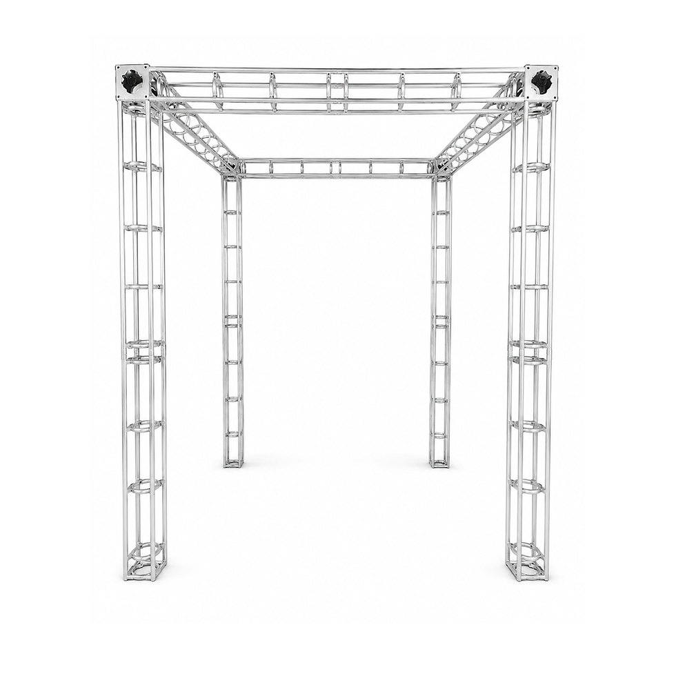 Skyline Truss Chuppah with polished silver aluminum frame and four-post open structure for weddings and custom event install