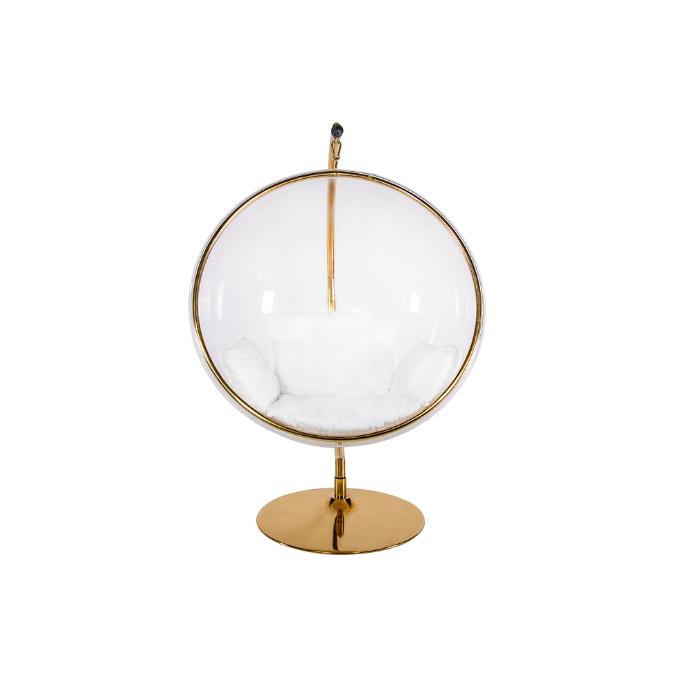 Clear acrylic bubble chair with a gold pedestal base and white cushions for luxury event lounges.