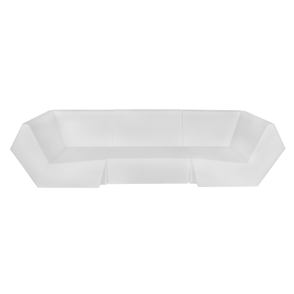 White modular LED sectional sofa with a contemporary angular design for modern event lounges and illuminated seating areas.