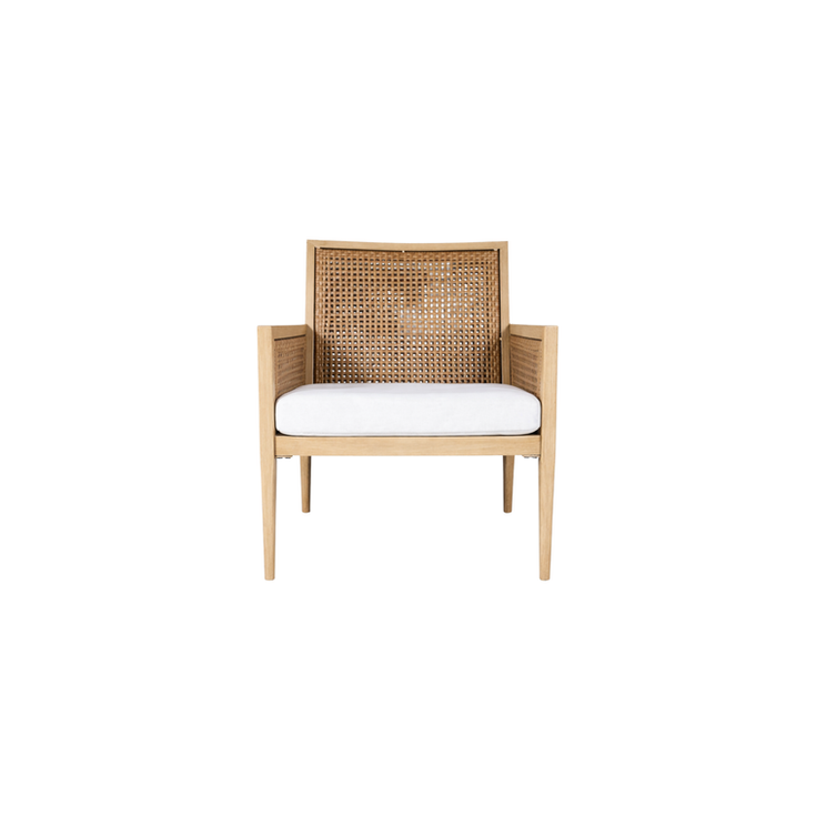 Natural wood accent chair with a woven cane back, white upholstered seat cushion, and clean contemporary lines.