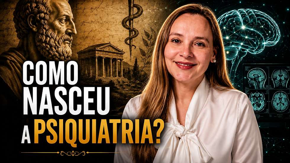 Miniatura do vídeo História da Psiquiatria, com Dra. Vanessa Marsden entre uma representação da medicina na Grécia Antiga e imagens modernas do cérebro e de neuroimagem.