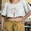 Thumbnail: Sz XS/S: Embroidered Rose Tablecloth Scalloped Crop Cotton Linen Top 