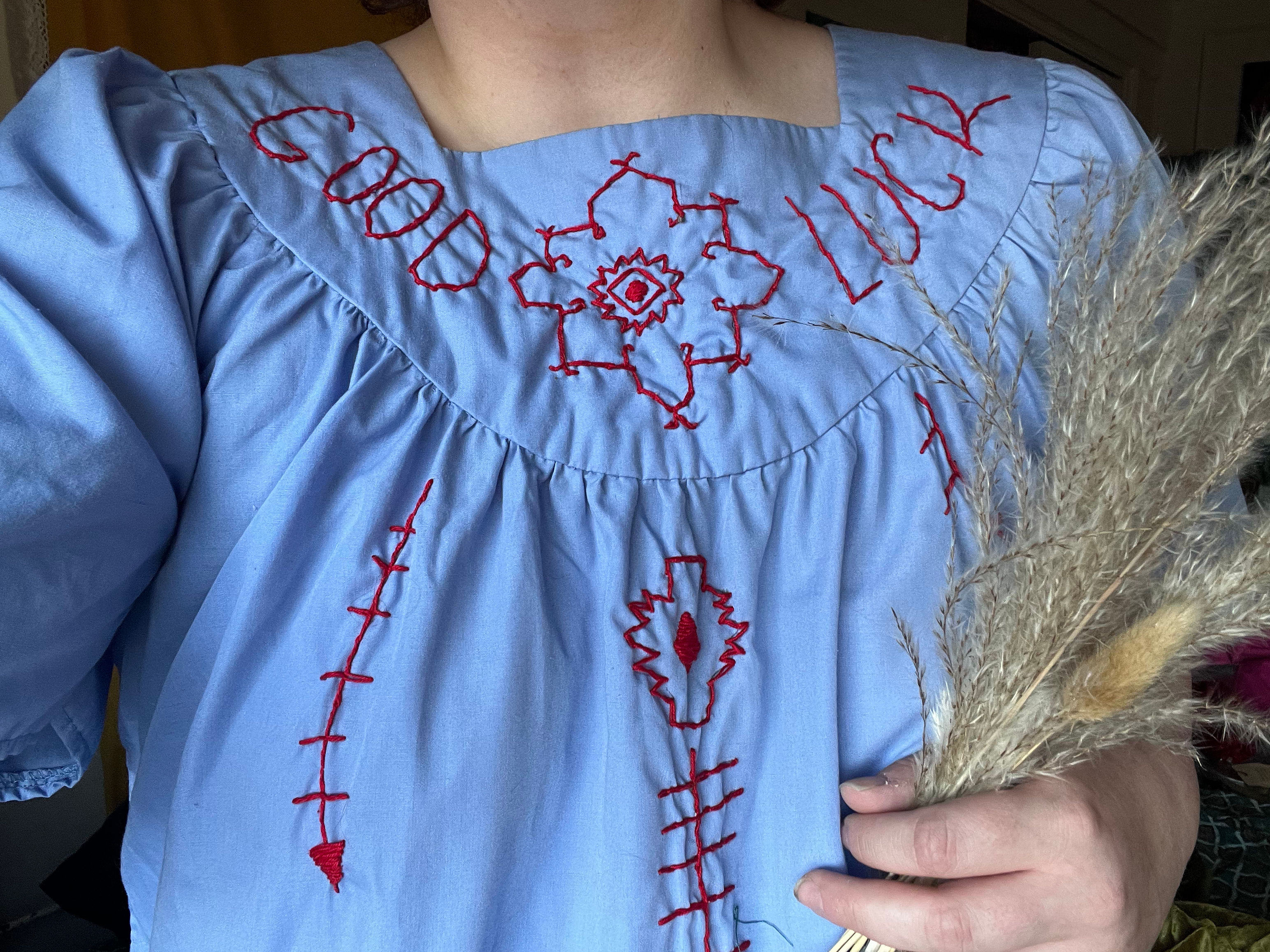 SZ L: Good Luck Folk Blue Smock Dress 