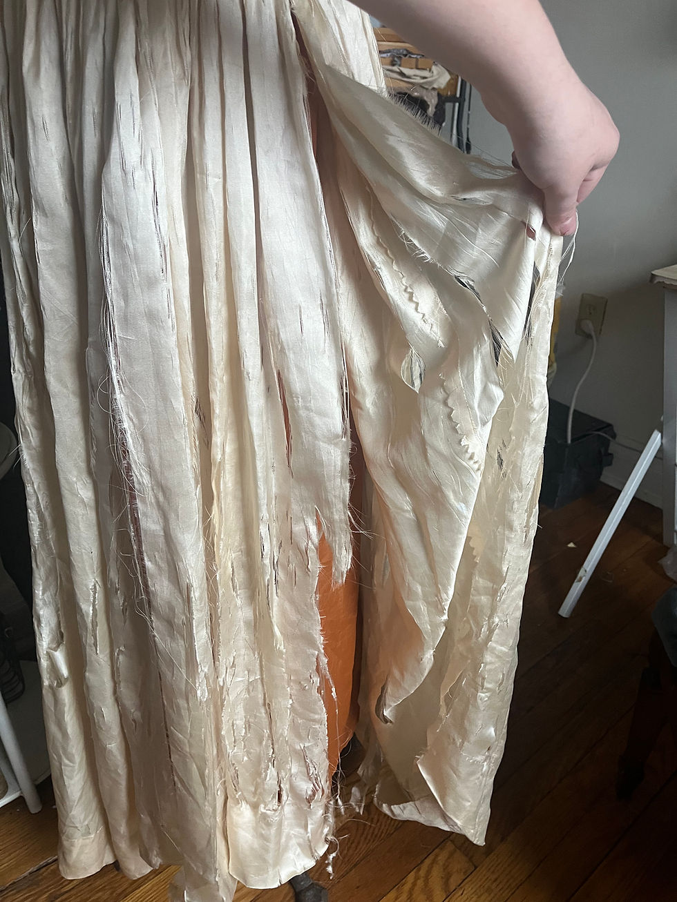 Thumbnail: Sz XXS/XS: Reworked Antique Tattered Silk Skirt 