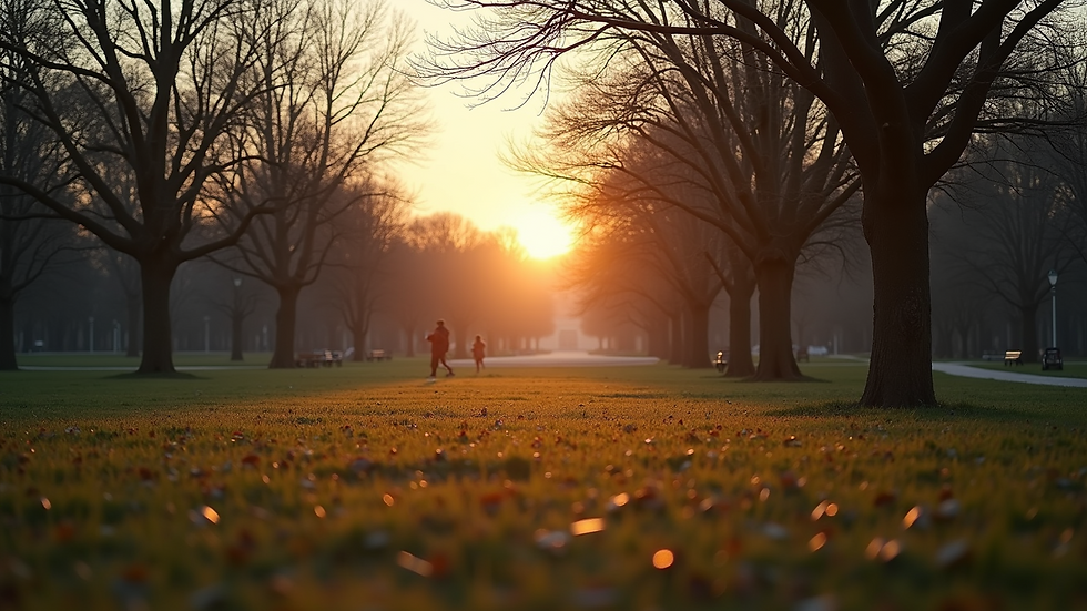 Eye-level view of an empty park at dawn