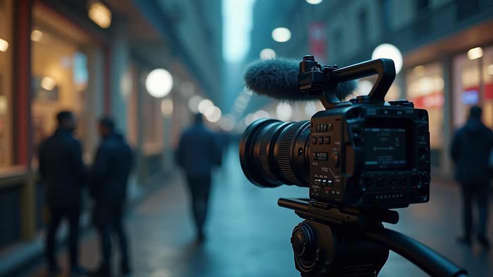 Eye-level view of a professional video camera filming a product on a set
