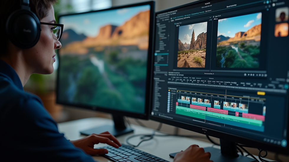 Close-up view of a video editor working on a timeline in editing software