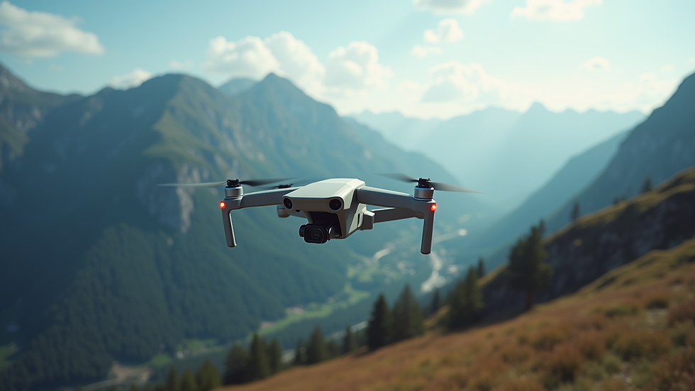 High angle view of drone flying over mountain ridge