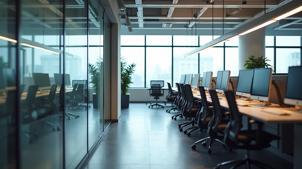 High angle view of a modern office space with flexible workstations