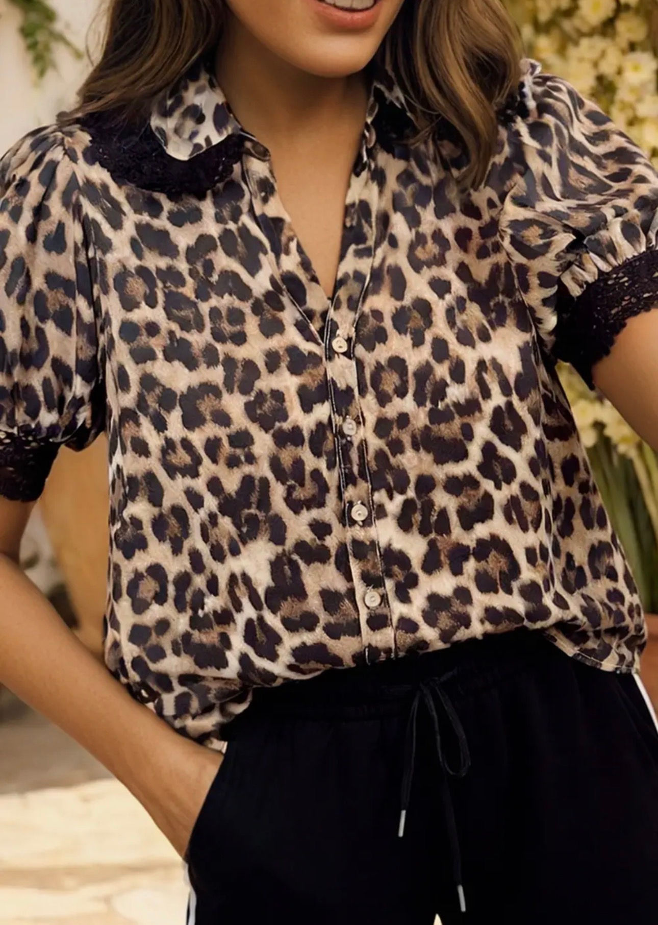 Leopard Lace Button Down Blouse