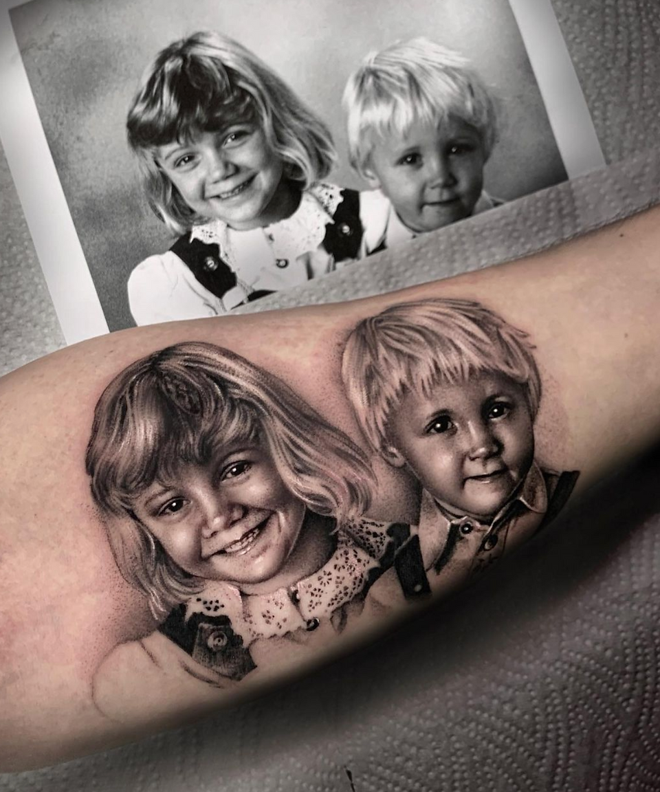 Family Tattoo Black And Grey Twins | Straight Lines Tattoo Studio